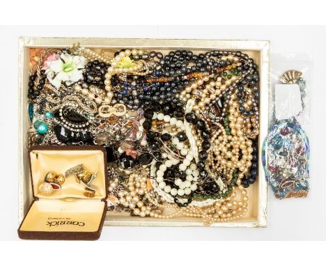 A collection of costume jewellery to include two dyed&nbsp; black cultured pearl necklaces, silver chains including box and b