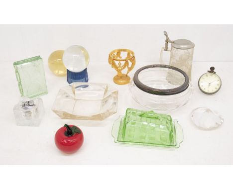 Collection of glasswares to include Crystal Balls, Butter Dish, Bowl, Clock, Lighter etc.