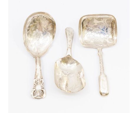 A collection of three 19th Century silver caddy spoons to include:1. George III bright-cut engraved shovel shaped, hallmarked