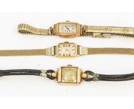 Two 9ct gold ladies wristwatches, to include a 14ct gold version on later plated strap, along with an Art Deco 9ct gold wrist