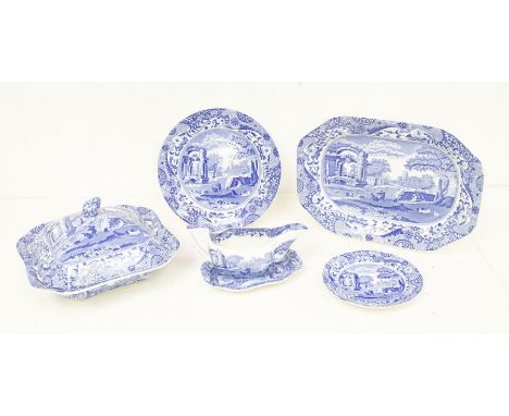 A collection of Copeland Spode, blue and white dinner wares including tureens, meat plate and a gravy boat