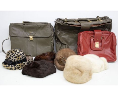 A collection of hats to include: one fur mink hat, one fur musquath hat and one fake fur leopard print hat, one blond mink ha