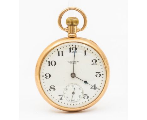 A 9ct gold Waltham open faced pocket, white enamel dial with Arabic numerals, subsidiary at 6, top wind, case approx47mm, tot