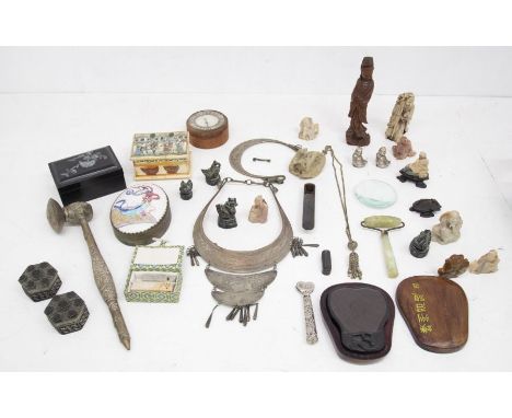 A collection of 20th Century Chinese items including boxed seals, gavel, compass, jadite roller, hardstone figures, boxes etc