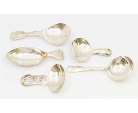 A group of five 20th Century silver caddy spoons, all hallmarked Sheffield to include: 1. George V with pierced and bright-cu