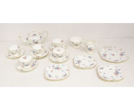 A Hammersley china tea set comprising of 5 cups and 6 saucers, teapot, milk jug, sugar basin and 6 side plates, one damaged s