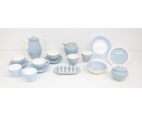 Collection of 1950s Wedgewood dinner and tea set light blue in colour with white detail including tureens