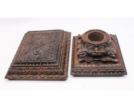 A late 19th Century Black Forest carved wooden desk inkwell, along with matching note paper box with internal mirror