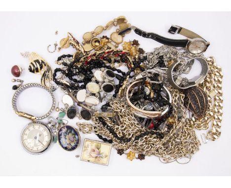 A collection of costume jewellery to include a Empire chrome plated open faced pocket watch along with a silver gilt and enam