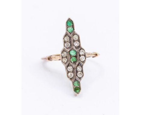 An Art Deco emerald and diamond gold ring, geometric form set with alternate round cut emerald and eight cut diamonds (some r