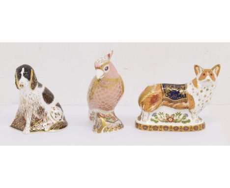 Three Royal Crown Derby gold stopper paperweights - The Royal Windsor Corgi Molly &amp; Cockatoo