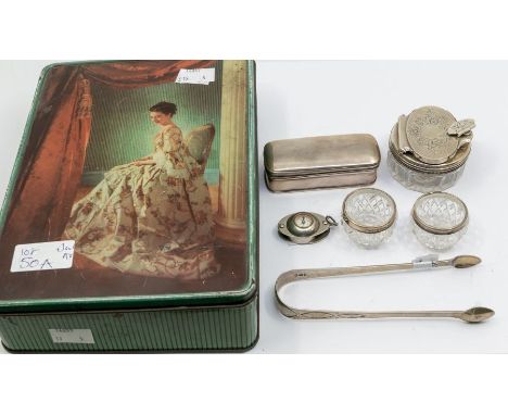 A collection of silver to include: 1. a Victorian silver mounted glass travelling toilet bottle, the cover engraved decoratio