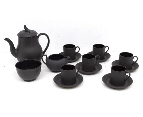 Wedgwood Black Basalt coffee set comprising coffee pot with widow finial, cream jug, sugar bowl and six coffee cans and sauce