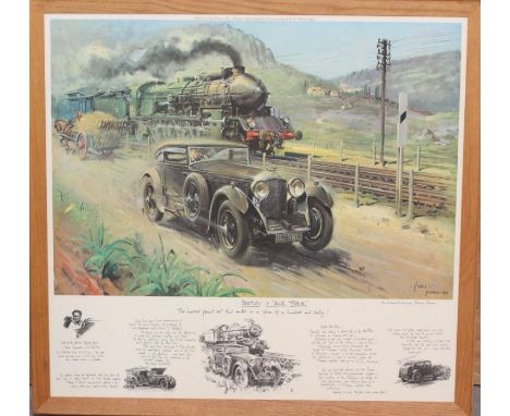 A framed 'Bentley V Blue Train', Terenco Cuneo, print, 'From the Original Oil Painting'. With Printed Text across the bottom,