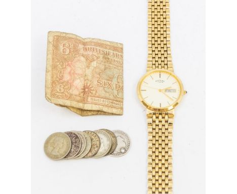 A gents Rotary gold plated wristwatch, cream round dial with applied baton markers, day/date aperture, to a metal bracelet li
