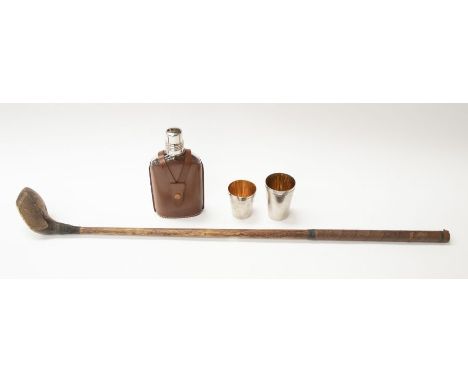 Early 20th Century golf club, travel flask with matching cased travel cups