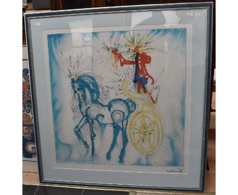 Large Salvador Dali print on fabric, framed and glazed, 83cm square, along with a stylised painting of a Brazilian scene, sig