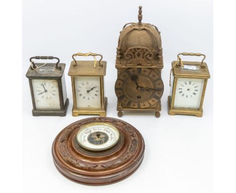 Three brass mantle clocks, reproduction brass lantern clock, round wall barometer&nbsp;
