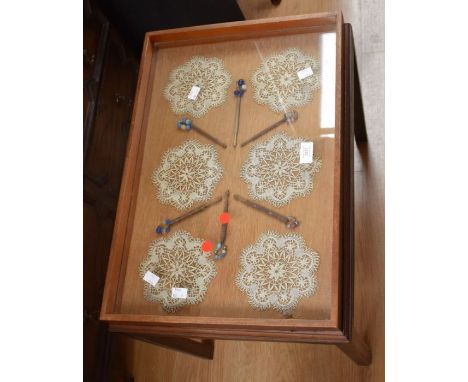 Small mahogany glass top display coffee/side table with lace and lace tools displaying&nbsp;