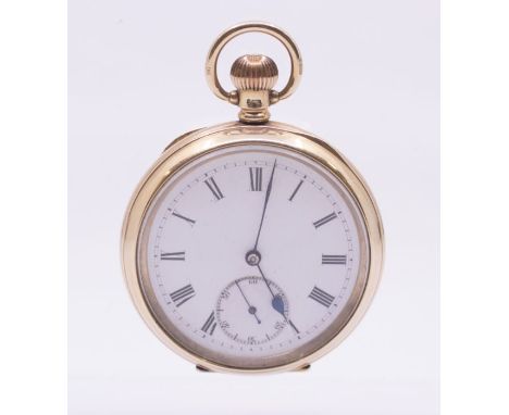 An early 20th century 9ct gold open faced pocket watch, white enamel dial with Roman numeral markers, subsidiary at 6, with o