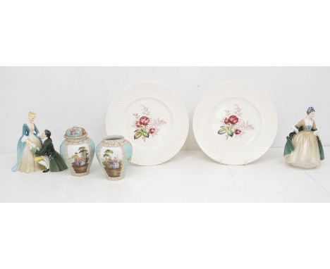 Two Royal Doulton figures, The Suitor &amp; Elegance along with two early 20th century continental vases (AF) and two Copelan