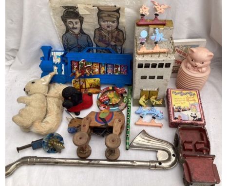 Vintage toy collection to include tinplate, wooden and plastic toys along with four empty boxes. . Please study pictures.
