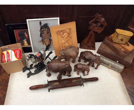 Collection of treen items i.e. boxes, figures, elephants, dagger along with Indian prints, wood block etc.