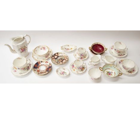 Collection of Royal Crown Derby bone china tea wares, including late 19th century Posie, Royal Pinxton Roses Vine, The Curato