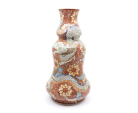 A&nbsp;Japanese baluster vase, red ironstone decorated with flowers and dragon with relief scale work, six character marks to