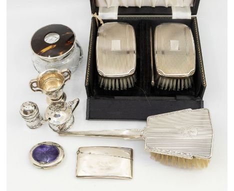 A collection of silver items to include a silver and tortoiseshell lidded glass vanity jar, Birmingham date mark rubbed, size