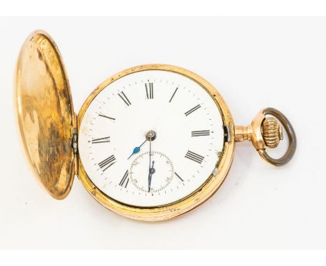 A 14ct gold hunter pocket watch, white enamel dial roman numeral markers, case approx 48mm, 7.6gms damaged a/f chipped to dia