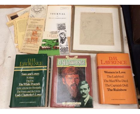 J Roden, pencil sketch of D H Lawrence, signed and dated 24/1/27 together with D H Lawrence hardbacks (1 box)&nbsp;