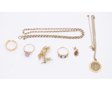 A collection of 9ct gold jewellery to include a palm tree pearl set brooch, a St Christopher on fine link chain, opal three s