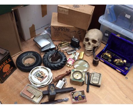 Collection of smoking ephemera including large zippos lighters pipes along with resign skull boxed, vintage hair dryer, scale