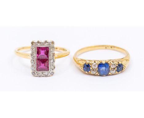 A Victorian sapphire doublet and diamond 18ct gold ring, comprising three cushion shaped sapphire doublets set between with d