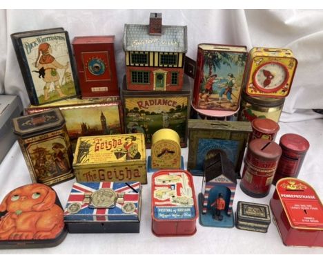 Vintage tinplate Money Boxes and Tins to include Chad Valley , Happnak, Festival of Britain Magic Money Box, Huntley and Palm