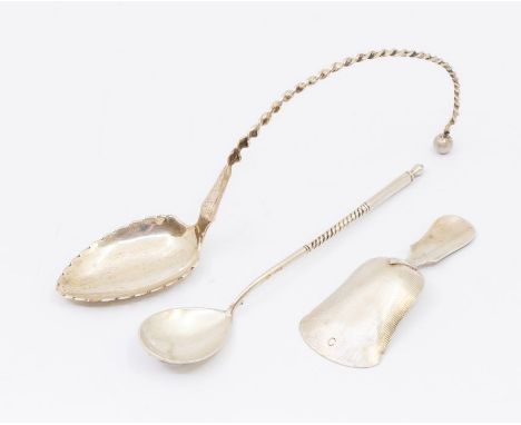 A collection of Continental silver spoons to include:1. Norwegian 830 standard caddy / mixing spoon with leaf shaped bowl and