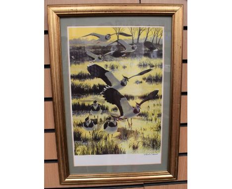 A print of lapwings by renowned wildlife artist Robert Gillmor, hand-signed in pen l r by the artist at an event in Leicester