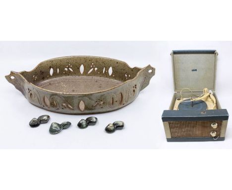 A Studio Pottery boat shaped bowl, scrolling handles, with openwork decoration to raised sides, incised initials to base MP t