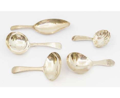 A group of five George III silver caddy spoons, all hallmarked to include: 1. plain Old English by S.P possibly Sarah Purver,