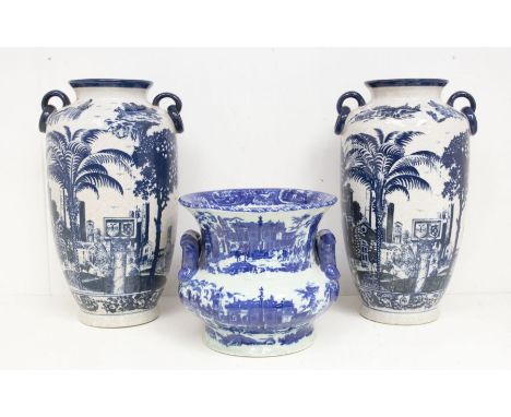 A pair of 20th Century blue and white transfer print large vases, together with a blue and white transfer print jardiniere&nb