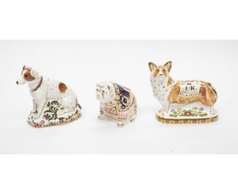 Three Royal Crown Derby Gold Stopper paperweights. Royal Corgi, Jack Russell &amp; Bull Dog.