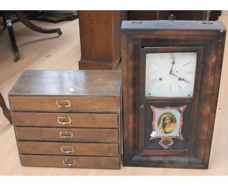 A collection of furniture comprising: a reproduction oak display cabinet, a 19th Century oak captain's chair, a lead glazed w