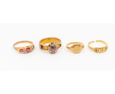 Four gold rings to include a Victorian 18ct gold diamond and ruby ring (a/f cut through at the back) total gross weight appro