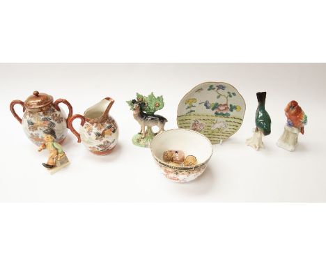 A collection of Japanese ceramic Goebel figures, bird figures, early 20th Century Derby sugar bowl, Stafford figure and a pla