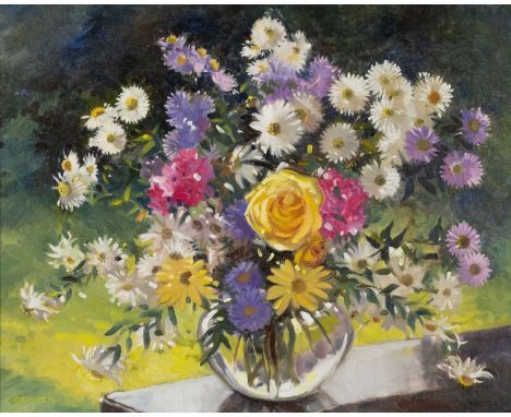 ‡GERALDINE MARY O'BRIEN (Irish, 1922-2014) oil on canvas - still life flowers in a glass vase, signed, 39 x 49.5cmsProvenance