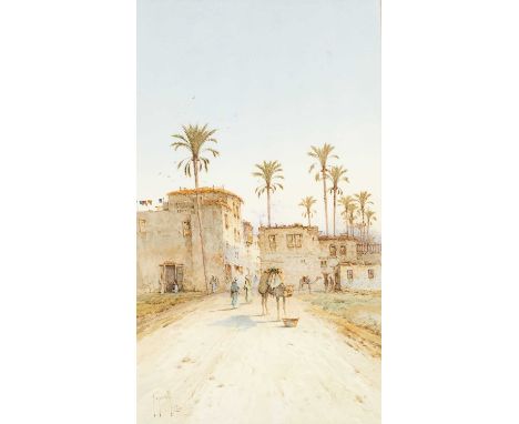 SPYRIDON SCARVELLI (Greek, 1862-1942), watercolour - 'Paysage a Bedrechein', camel and figures on the edge of town, signed, i