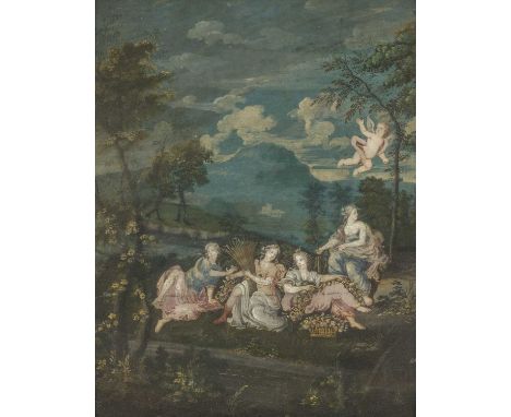 FOLLOWER OF FRANCESCO ALBANI 18th Century oil on panel - classical maidens and cupid in an Italianate landscape, 33 x 27cmsPr