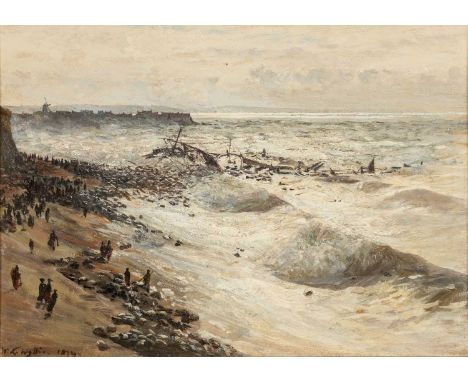 WILLIAM LIONEL WYLLIE (1851-1931) oil on board - Shipwreck on the French Coast, signed and dated 1874, 24.8 x 35.3cmsProvenan