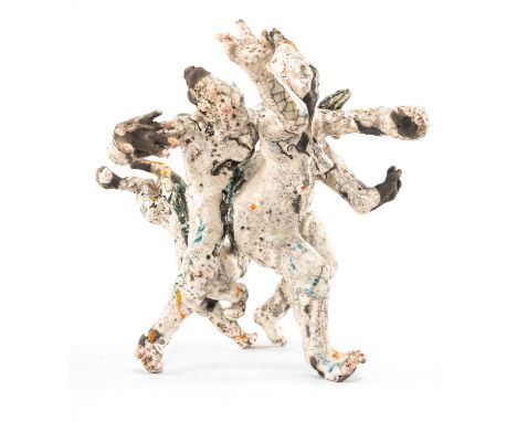‡ MICHAEL FLYNN (1947-2025) Raku sculpture - dancing figures with dog, circa 2015, 36cms (h)Provenance: private collection Ca